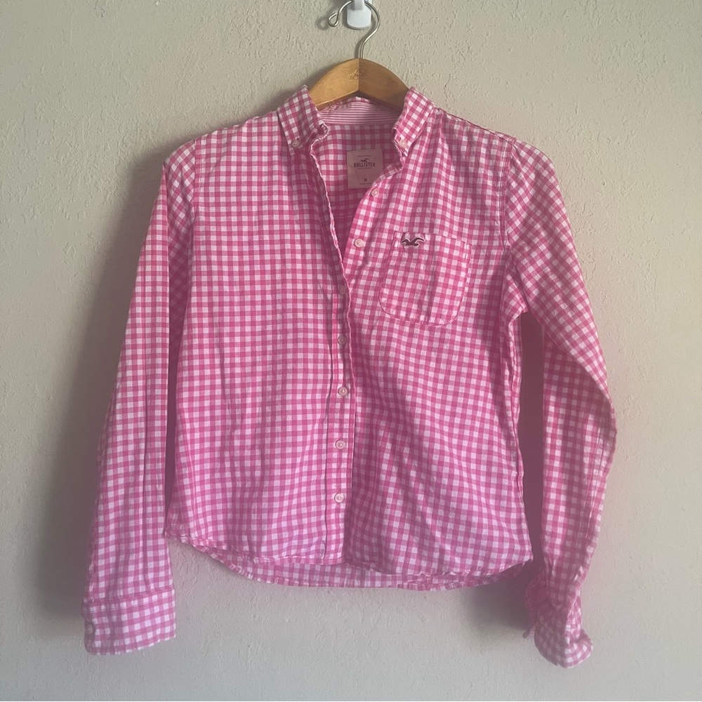 Y2k Pink Gingham Print Button Down By Hollister - image 1